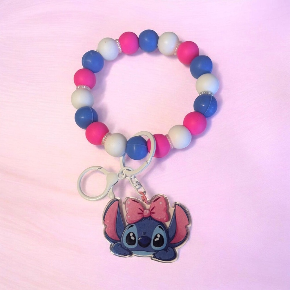 Handmade Cute Stitch Beaded Wristlet Keychain  - Blue, Pink, White